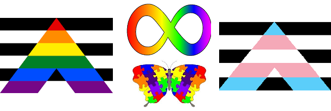 An inclusivity and Pride Banner An inclusivity banner featuring LGBTQ+ and transgender pride symbols, along with neurodiversity symbols such as the rainbow infinity sign an